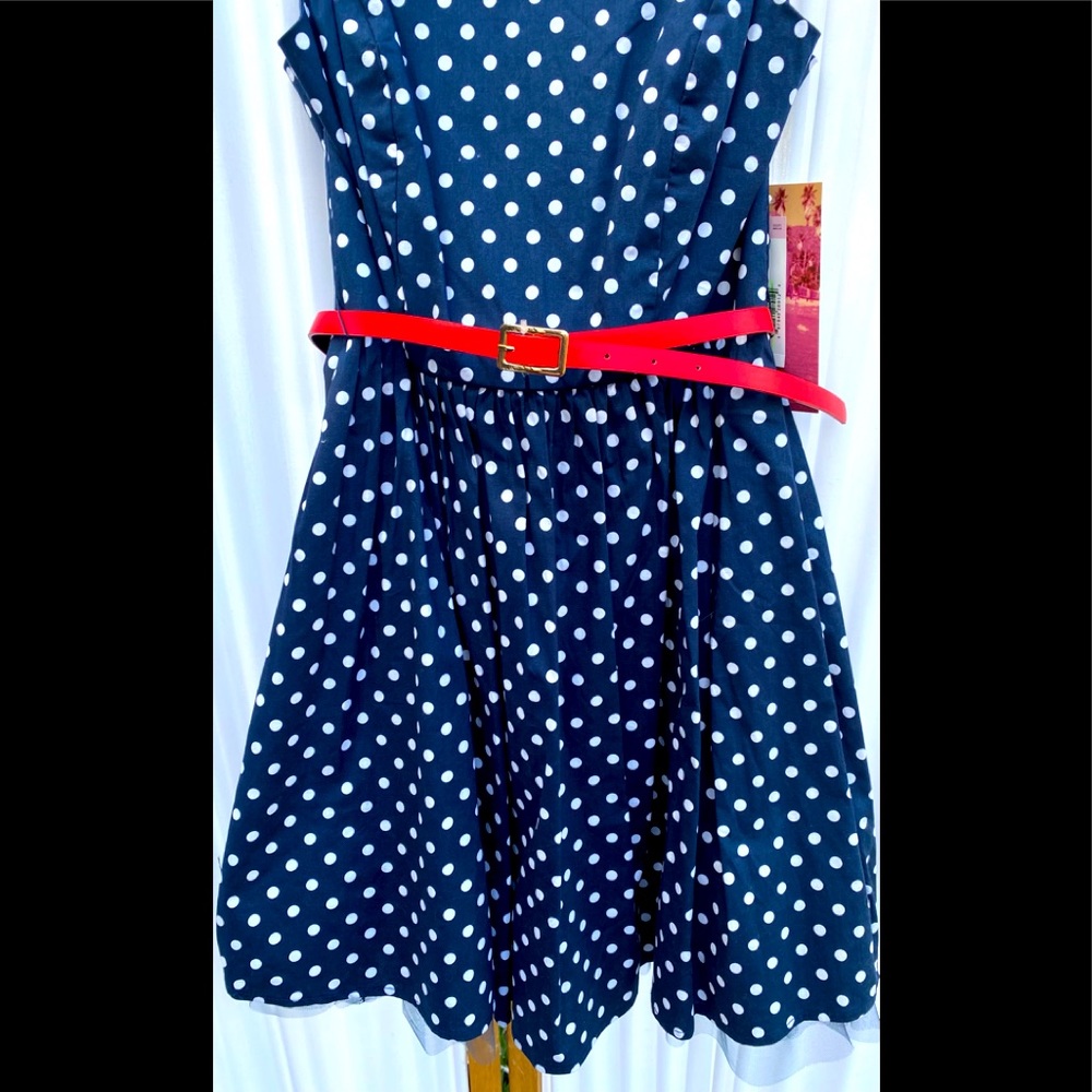 Emerald Sundae Sleeveless Navy Polka Dot Party Dress with Attached Slip - Picture 2 of 14